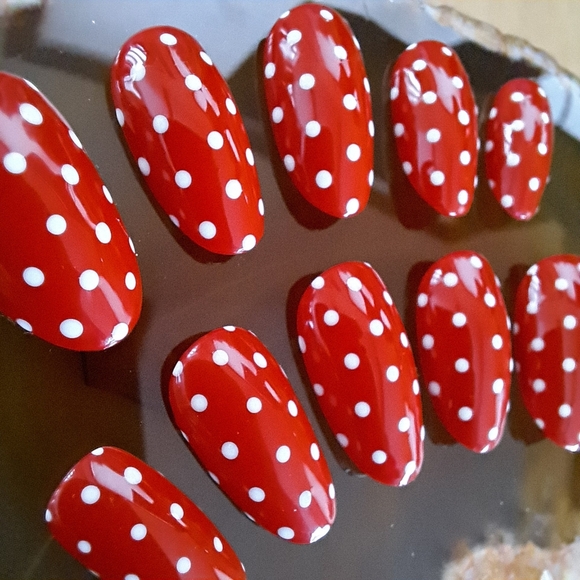 Red and White Polka Dot Press On Nails, Hand Painted Apres Minnie Disney Vibe - Picture 3 of 6